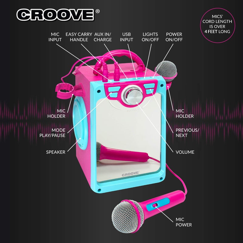 Croove Rechargeable Karaoke Machine for Kids, Pink Portable Karaoke Set, Gift for Girl Speaker & 2 Microphones with Lyrics Display, Bluetooth/AUX/USB, Best Birthday Gifts For Girls Ages 8 9+ Years Old - Image 3